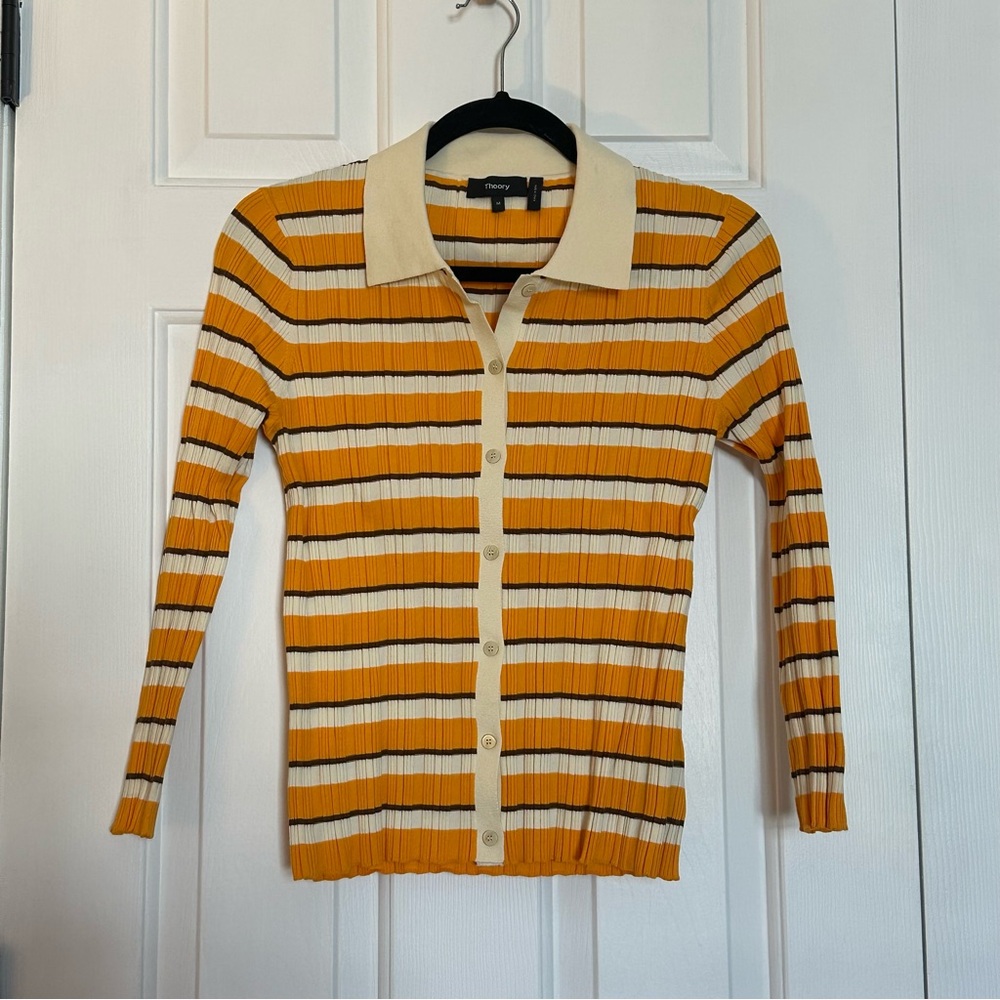 Theory Mustard and Cream Striped Cardigan